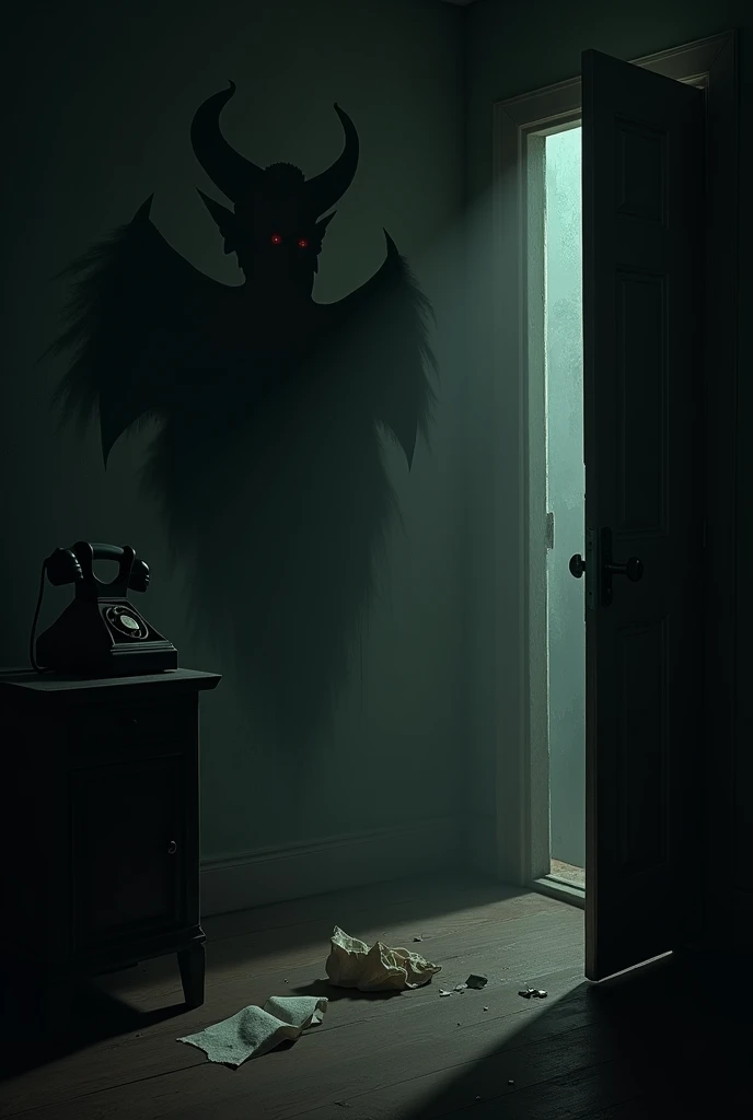 A dark room with a telephone on a small table, a shadow of a demon on the wall, and a small crumpled piece of paper on the floor. There is a gloomy atmosphere in the room.