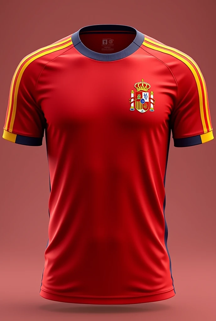 a red t-shirt to wear in the interclass that has some yellow and red striped details and with the symbol of the Spanish team on the right side of the chest