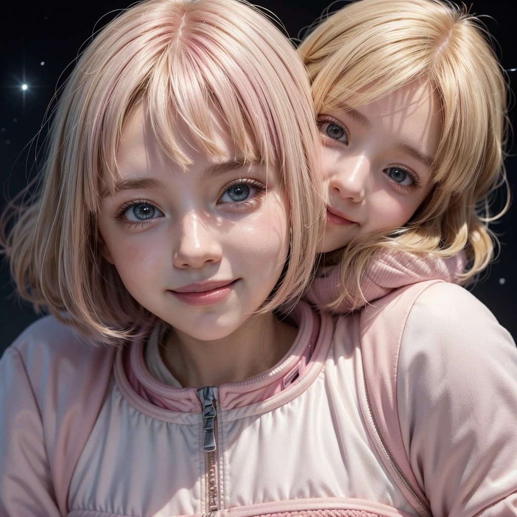 girl with medium short fluffy blonde hair with pink highlights, half body, portrait, soft colors unique and cute character design, pastel colors included. Smiling girl in white and pink spacesuit.