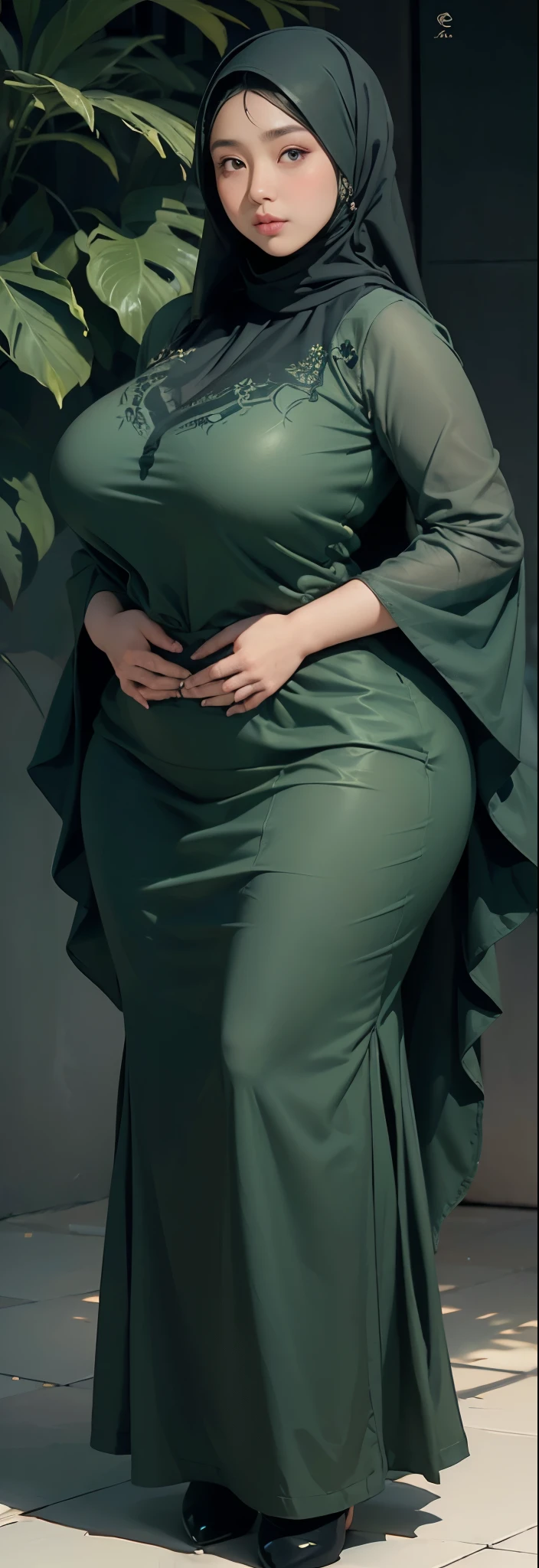 1 malay girl, modern plain hijab, shy, medium portrait, watery eyes, wearing dark green kebaya, ((big breasts)), black bokeh background, well-proportioned body,, chubby massive thighs, full body pose, Hena art on the body, hena art on full body, slightly fat body , voluptuous body , curvy body 