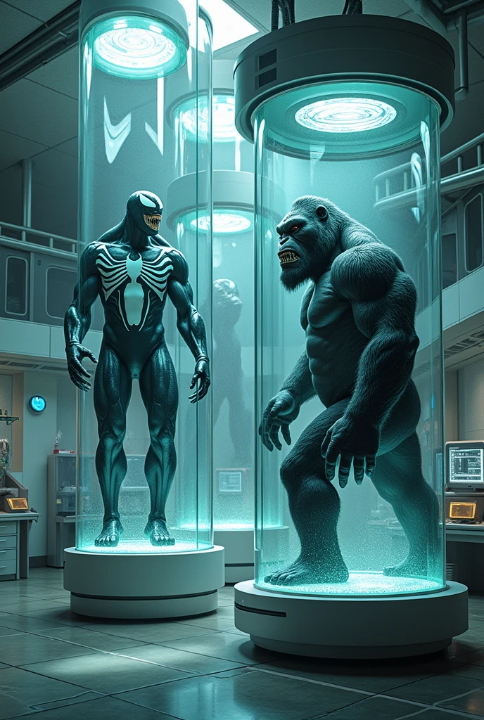 Venom and King Kong、genetic research institute。There is a large glass cylinder used for scientific experiments。They are each contained in a cylinder。
