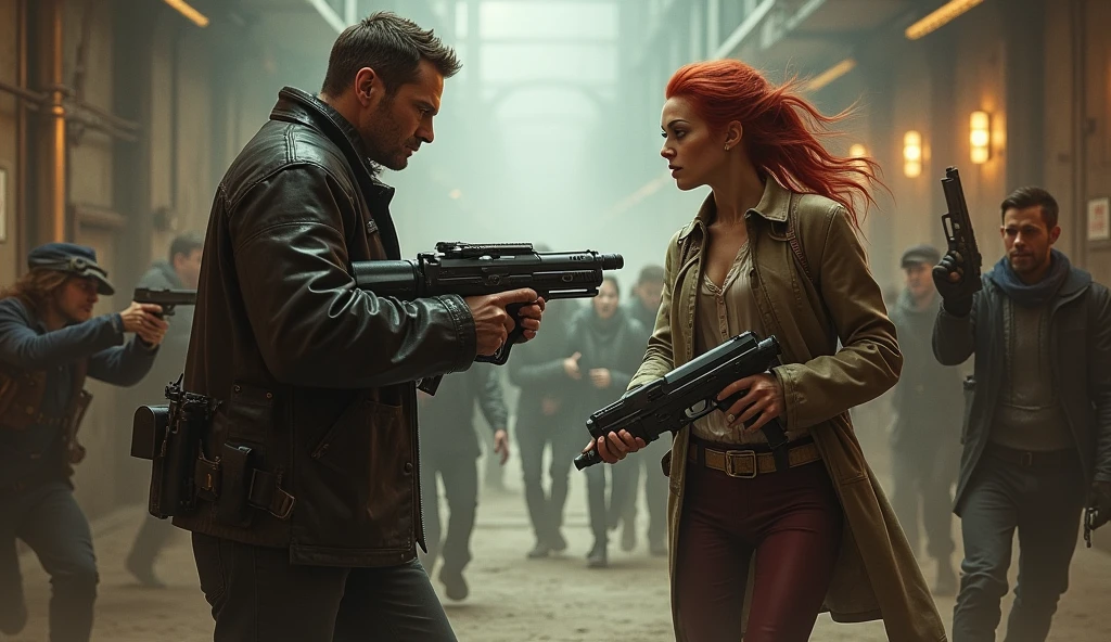 one men, holding an advanced weapon, while talking to a short, red-haired woman holding a futuristic pistol pointed downwards. They are in a hallway with a lot of dust and people running around with guns in their hands., everyone is wearing steampunk clothes
