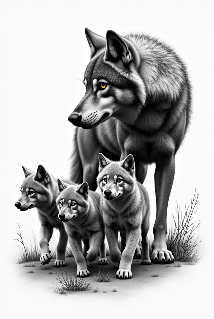 Create a black and white tattoo featuring the leader of a wolf pack and 3 cubs