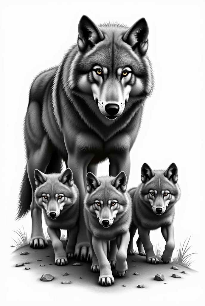 Create a black and white tattoo featuring the leader of a wolf pack and 3 cubs 