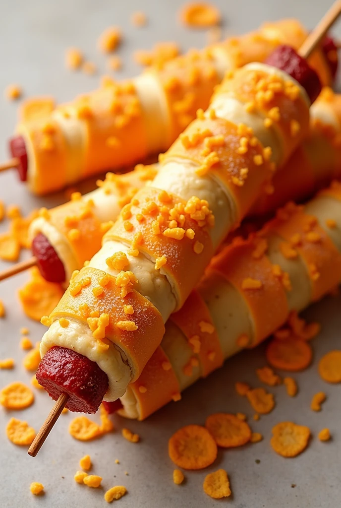 skewers filled with sausage and cheese covered with dough and takis
