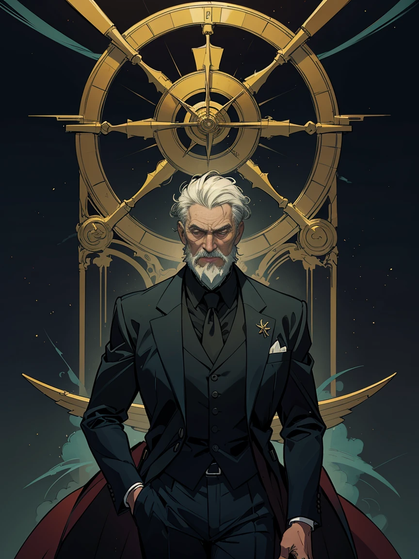 masterpiece:1.2, highest quality, disorganized, stained glass background, dark lighting, action shot, gritty, Man in a suit, Science fiction, Old man with combed white hair and beard, central portrait, in style of kentaro miura, (1 male), masculine man, somber expression, comics, Complex, surreal, Yellow filled halo behind his head as a symbol of the hanged man,