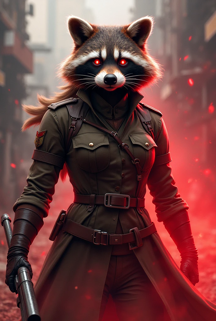 A female raccoon with glowing eyes dressed in a female military uniform in a wartime setting holding a powerful weapon while exuding a red-colored aura of power