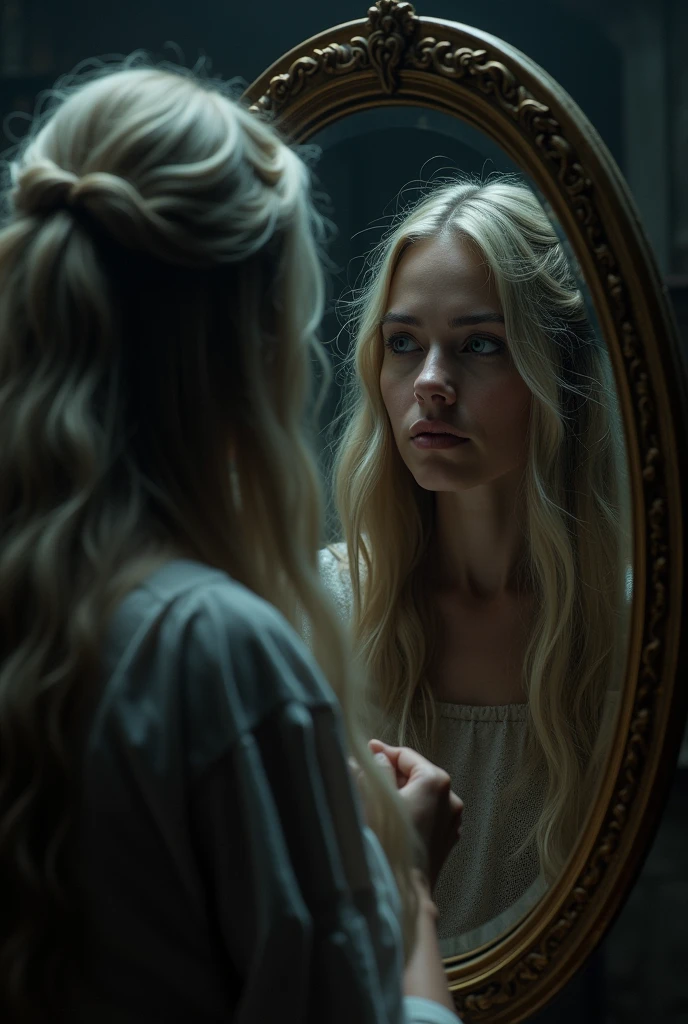 A 40 year old woman sitting in front of the mirror, combing her long hair and staring at herself. His expression is one of fascination. The atmosphere is gloomy, but with an ancient and mysterious aura. 