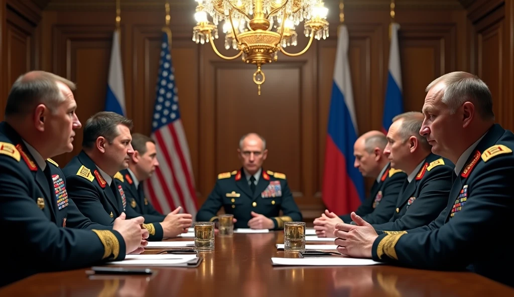 a highly detailed photo of Russian generals and commanders in a meeting room, realistic, photorealistic, 8k, ultra-detailed, professional, dramatic lighting, intense expressions, serious demeanor, military uniforms, oak table, chandelier, american flags