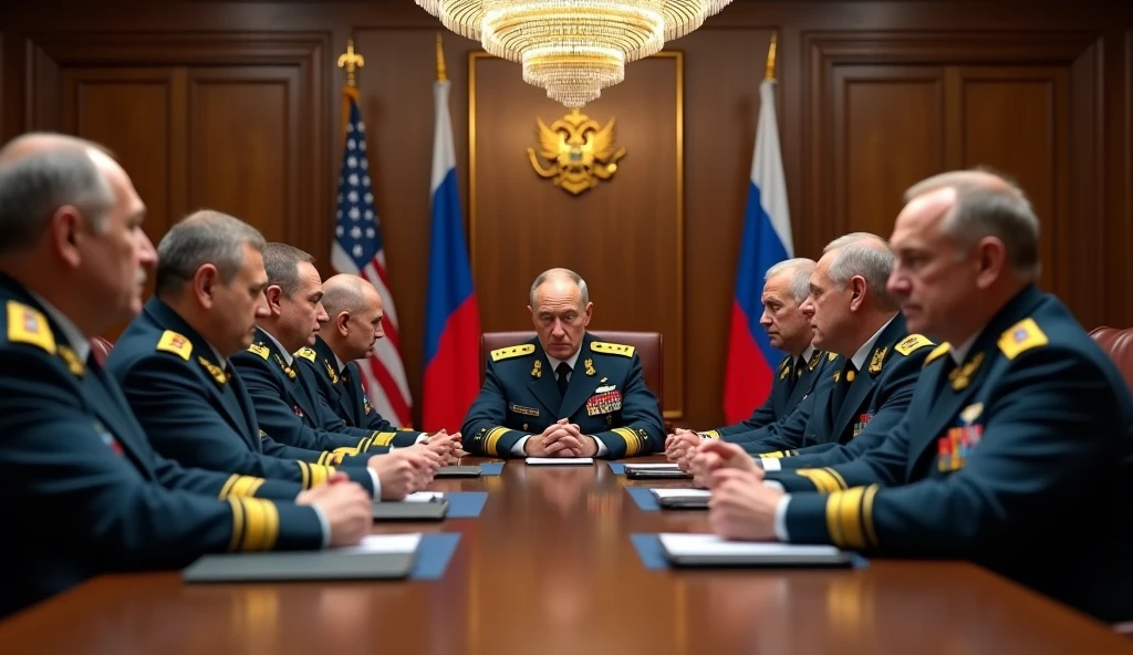 a highly detailed photo of Russian generals and commanders in a meeting room, realistic, photorealistic, 8k, ultra-detailed, professional, dramatic lighting, intense expressions, serious demeanor, military uniforms, oak table, chandelier, american flags