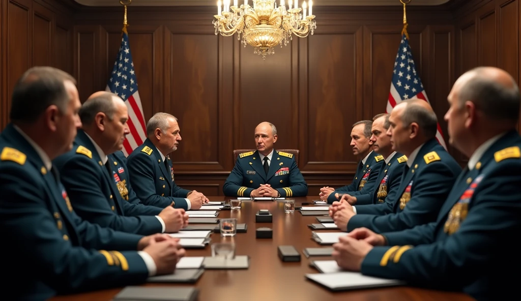 a highly detailed photo of Russian generals and commanders in a meeting room, realistic, photorealistic, 8k, ultra-detailed, professional, dramatic lighting, intense expressions, serious demeanor, military uniforms, oak table, chandelier, american flags