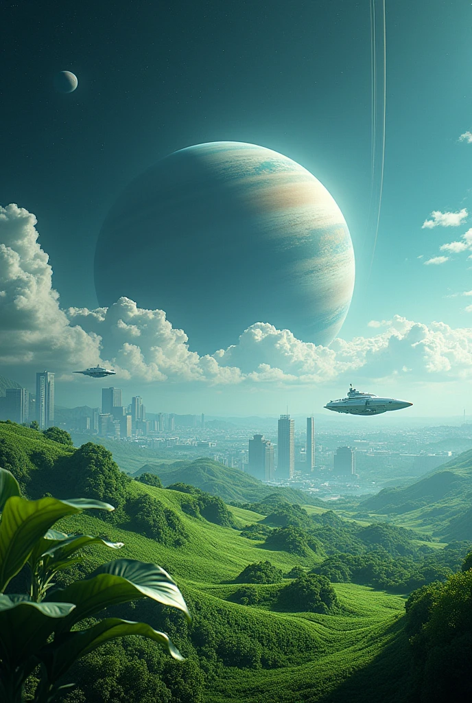 create a vision of a perfect planet with a surface with vast green grass trimmed on the surface, Leaves are rounded buildings and ultra-modern cities on the surface, sky with daytime space and dense atmosphere light blue color, surreal image, Leaves no alto da imagem, No fundo, there is the planet Saturn with its rings diagonally, sunfaded, with its beautiful rings seen from the surface in the sky through the dense atmosphere., clear atmosphere with transparent clouds , the planet is immense and is setting on the horizon, cyberpunk style from a distance, has an ultra futuristic megalopolis city with mirrored glass buildings, space is clear and you can only see the silhouette of one side of the planet through the dense atmosphere, clear total, clear horizon, penumbra, as realistic as possible, bright environment without light without sun, starry sky. Leaves'a space cruiser flying in the sky.