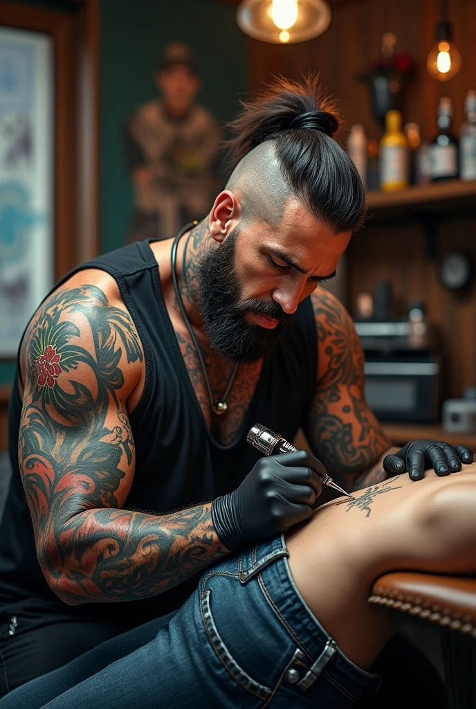 Tattooed man working doing tattoos