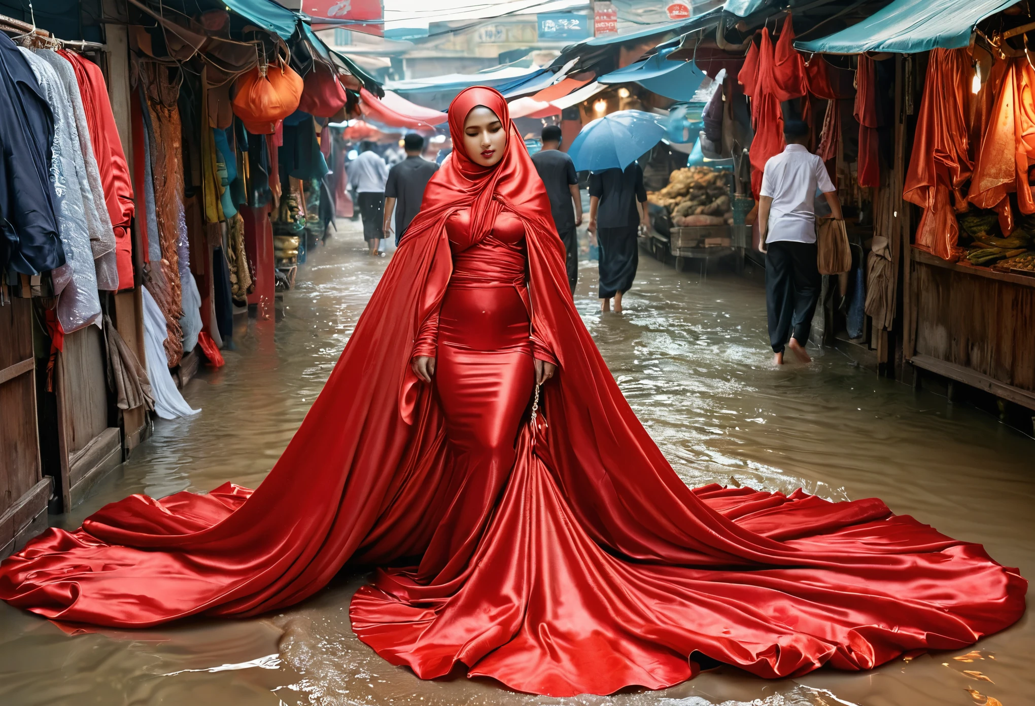 A woman shrouded in a 9-meter-long, plush red satin cloth, tightly bound and grandly draping along the form of her body, flowing off into a pooled floor-length train, styled in a mermaid-inspired outfit, her head modestly veiled in a satin hijab, 175 height woman, walk in wet traditional market, a full-body pose conveying a sense of elegance, captured in a 4k resolution, ultra-realistic