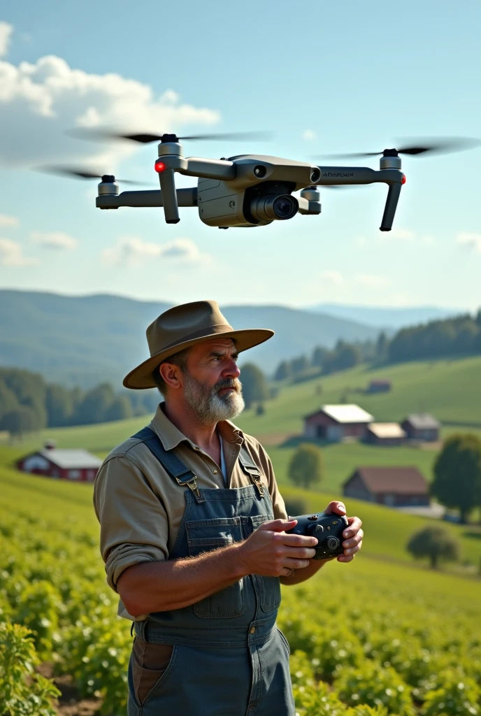 A farmer flying a drone,