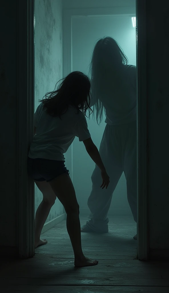 in a dark room, with standard wooden FLOOR, a brunette woman with straight hair, with 1,65m tall, is in the middle of an intense fight on the ground. She wears basic pajamas, now crumpled and dirty, as she desperately defends herself from a mysterious shadow in the shape of a man who tries to dominate her. cel shadow, with hazy contours and a terrifying presence, seems almost intangible, but still palpable enough to pose a deadly threat.
The woman, with an expression of pure despair and determination, gathers his last strength and lands a violent kick in the shadow's stomach, making her retreat momentarily. The impact, despite being against something seemingly ethereal, looks surprised and weakened, as if a woman's willpower could actually affect him. The dry sound of the kick echoes through the room, which is only dimly illuminated by a flickering light, projecting distorted shadows on the walls and intensifying the atmosphere of fear and uncertainty.
As tension reaches its peak, making it clear that it is a battle for survival against something beyond human comprehension.