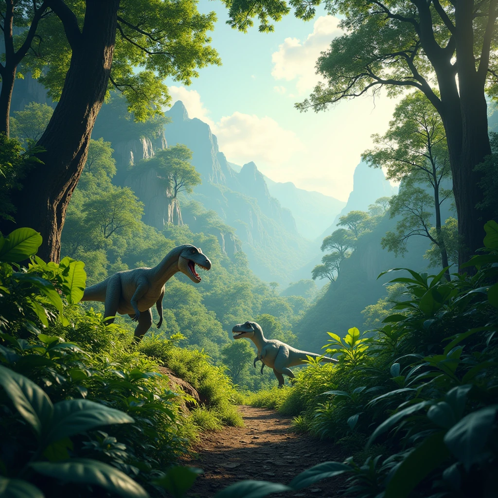 Ultra-high resolution，High-resolution details，Jurassic forest，There are dinosaurs in the distance，Vibrant colors，Bright，Depth of Field

