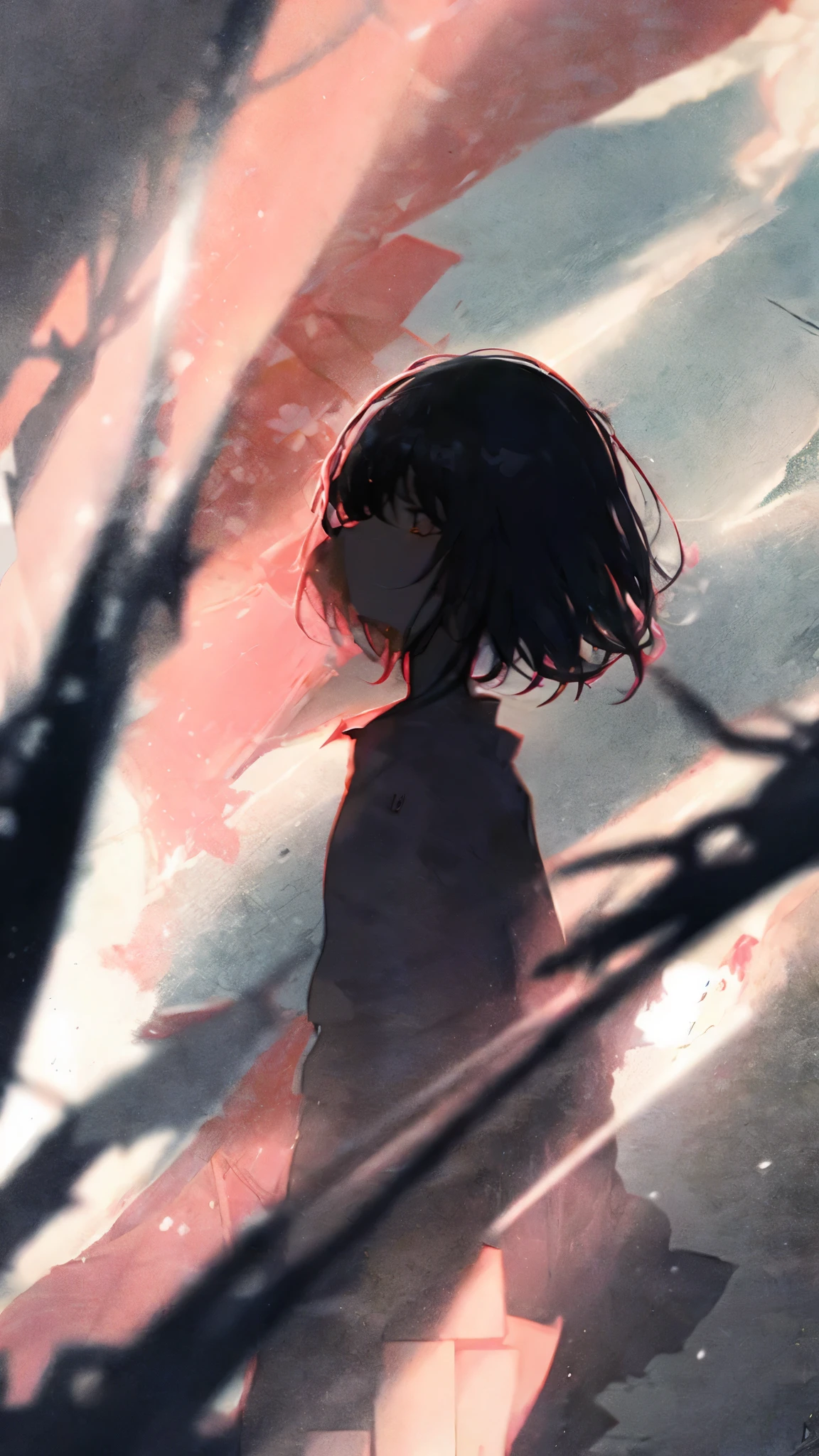 Product illustration of a girl in the rain,cherry blossoms,water中で,water,black hair,short bob,playing in the river
