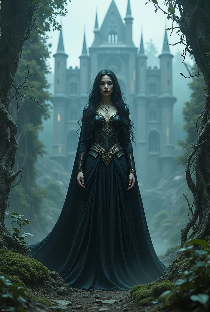 beautiful woman, standing in the garden of torment, named hela the goddess of death and lord of the helheim, great castle of the death on the background