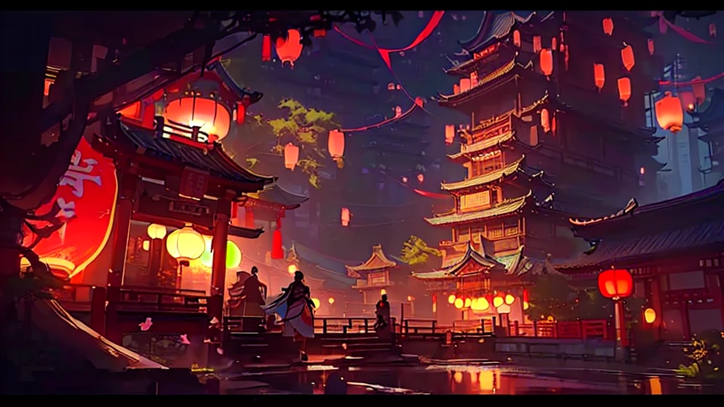 a scene of a chinese village with lanterns hanging from the trees, cyberpunk japanese temple, andreas rocha style, dreamy chinese town, rossdraws global illumination, cyberpunk chinese ancient castle, ross tran. scenic background, 🌺 cgsociety, dawn cgsociety, [ trending on cgsociety ]!!, chengwei pan on artstation, inspired by Andreas Rocha, anime scenery concept art
