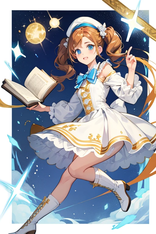 Barbara wears her caramel hair in two high pigtails that spiral downward.
Barbara wears a white frock that is open at the shoulders and a large white and blue bow in the front along with white tights, white ankle boots, and a blue and white cap. Her Vision is attached to a gold-adorned spell-book with a light blue cover and a small cross charm hangs at her side. SPARKLE; GLITTER