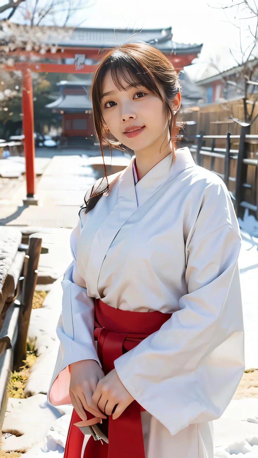 (8k、RAW Photos、Highest quality、masterpiece:1.2)、(Realistic、Realistic)、1 person、shrine、Clear winter weather、Leaves falling off the trees、Snow Scene、Plants covered in snow、Japanese Clothing、Plain white kimono、Skirt portion is red、Shrine maiden、Standing in front of the torii gate with the shrine behind, Nice and cute, An innocent smile, , nice smile、,(A big bust that seems to burst:1.20),(Beautiful Big 1:1)、Brown Hair、Brown Hairの髪、Beautiful Eyes、 Short Bob