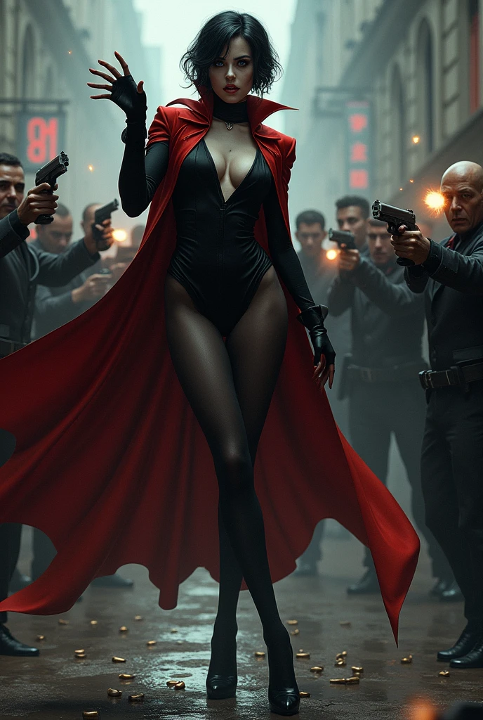 Dark short haircut blue eyes sexy beautiful supervampire gothic girl stockings high heels black uniform very tall red cape lifts a gangster by the neck in the air with one hand . The gangsters are frightened and fire their machine guns at her, all the bullets bouncing off her, flattening and deforming, and falling to the ground.