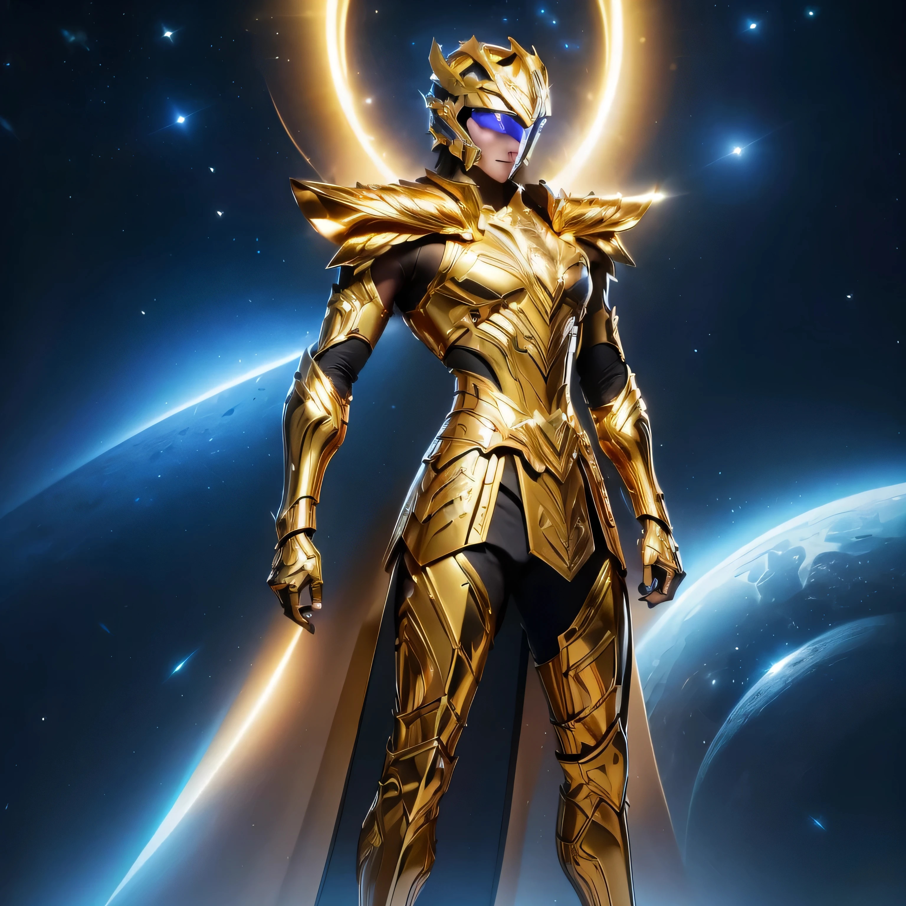 It's a man. The image presents a highly detailed and futuristic armor designed for a male warrior. The armor combines elements from different parts to create a cohesive and powerful look. Helmet: The helmet features a sleek, aerodynamic design with a golden metallic finish. It has a central crest that rises upwards, and the visor glows with a bright blue light, giving it a high-tech, futuristic appearance. Pauldrons (Shoulder Pads): The shoulder pads are designed to be close to the chest, with angular lines extending smoothly toward the shoulders. They have a polished golden finish and curve elegantly upward, creating a harmonious transition between the chest and shoulders, while providing a majestic and protective look. Chest Plate: The chest plate is intricately segmented, with a combination of gold and dark metallic blue. It has a gem-like crystal in the center that emits a soft, mystical glow. The design of the chest plate is both protective and regal, with sharp, angular lines that add to the overall futuristic aesthetic. Arm Guards: The arm guards are sleek and streamlined, with articulated golden and purple segments that offer flexibility and protection. The design of the gauntlets is both robust and elegant, incorporating futuristic elements that blend with the classic style. Leg Armor: The legs are armored with segmented plates that are primarily gold and purple. The boots are angular and sturdy, with a design that conveys both strength and agility. The overall look of the leg armor is grounded yet sleek, completing the ensemble with a powerful stance. The background of the image is a dark cosmic scene, filled with distant stars and nebulae that highlight the polished surfaces of the armor. Dynamic lighting is used to emphasize the key features, particularly the glowing visor and central chest gem, reinforcing the mystical and imposing nature of the warrior.