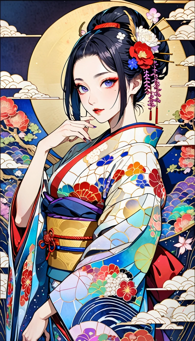 Ukiyo-e, Japanese painting, woodblock print, kabuki, kabuki make-up, attractive and seductive expression, wearing rainbow colorful Japanese kimono, background painted with a fusion of oil and watercolor iridescent stained glass, conceptual installation art, (ultra detailed, absolutely resolution, best quality:1.3), 2.5D, delicate and dynamic effects, glitter gold dust effects, artistic, hyper, graphic CG digital art