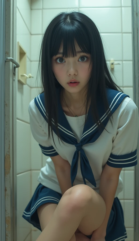 Imagine a Korean woman with jet black straight hair., Wearing a Japanese sailor uniform. She&#39;s in the bathroom, There is a tile in the background. She was surprised、I'm a little scared., Lift one leg、Wearing a small bandage. The environment is a bit messy、She looks like she just fell. If you need anything else, Let me know!