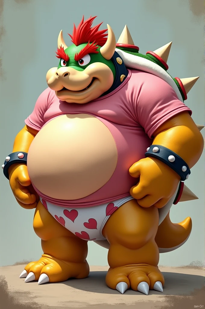 Bowser from super Mario, super morbidly obese, extremely fat, huge cheeks, double chin, round and huge belly, huge moobs, pink short sleeves t-shirt, heart underpants, shy
