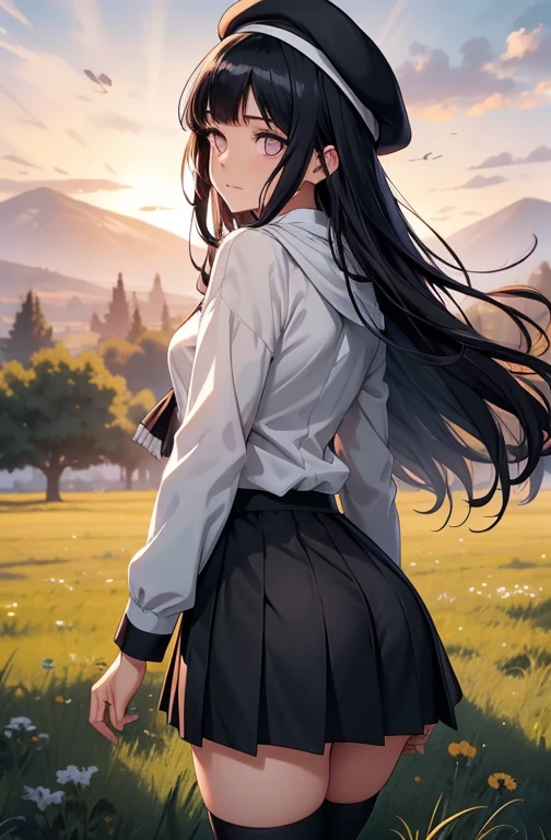 score_9, score_8_up, score_7_up, score_6_up, score_5_up, score_4_up, source_anime, aatomoyo, long hair, black hair, beret, white hat, straight bangs, purple eyes, small breasts, serafuku, white sailor collar, white scarf, black shirt, long sleeves, pleated skirt, white skirt sideways, field, sunset, wind, standing, cowboy shot, from behind, on all fours with her ass up, sexy position,