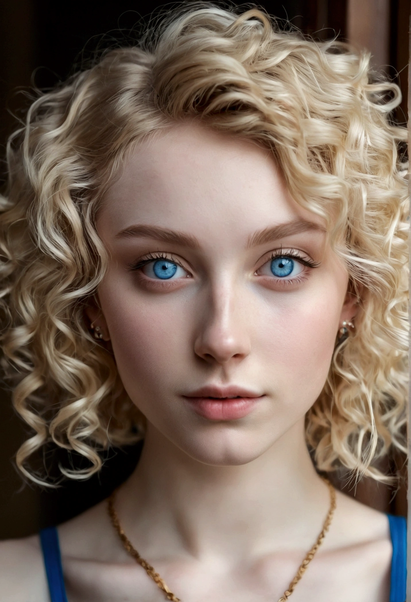 Curly short blonde hair girl, with blue eyes and pale skin,a nose ring and dimples,and pointed ears