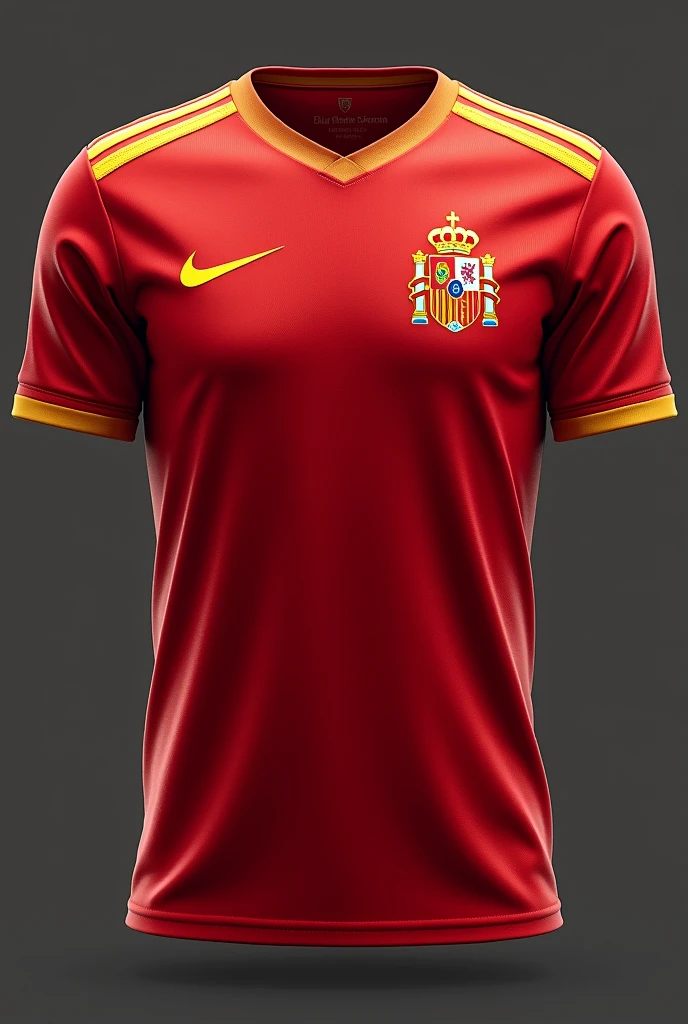 a slightly darker red t-shirt to wear in the interclass that has some yellow and red striped details and with the symbol of the Spanish team on the right side of the chest