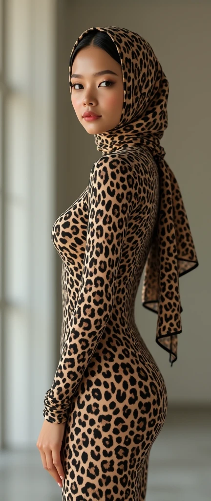 the beautiful,slender thin and prettiest Asian and Malaysian muslimah adult girl with beautiful cheeks wears leopard print lycra turtleneck unitard catsuit covered with seamless stripes and always wear leopard print lycra elastane stretchy dance wear hijab covered with seamless stripes.She has beautiful lips