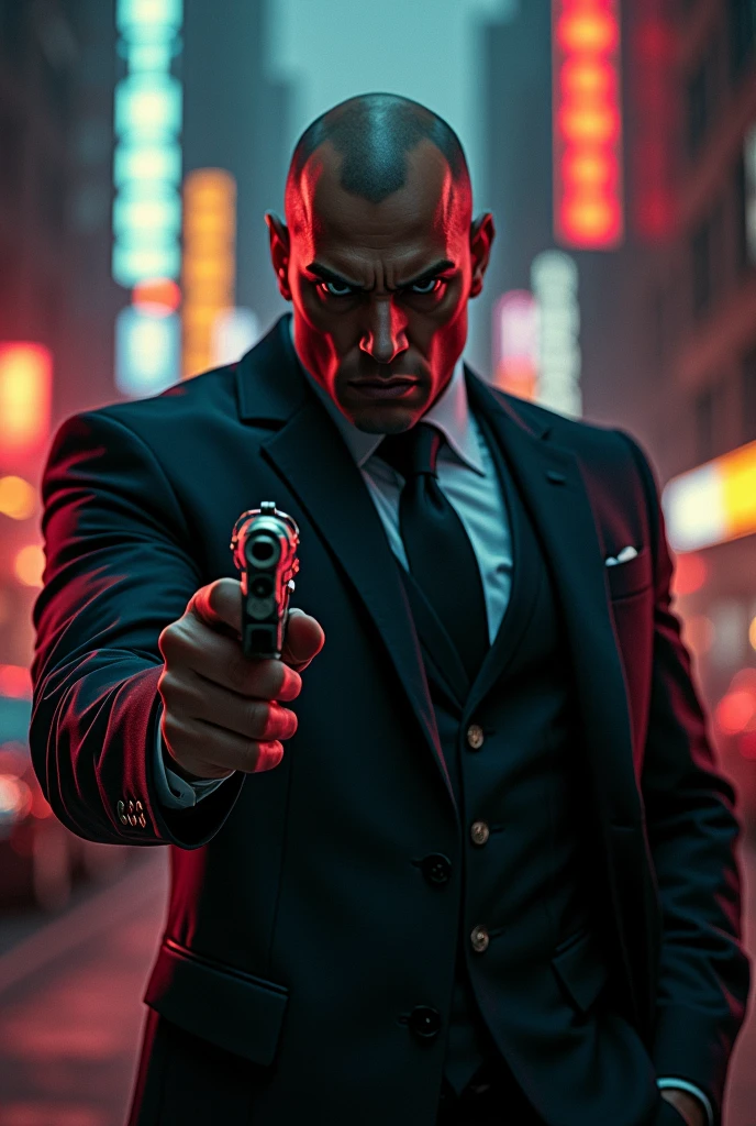 A gun in his hand, a dark-haired man with short shaved hair, a mafia man in a suit, in New York