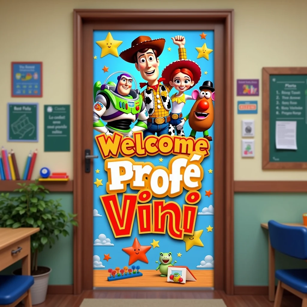Generate an image of a door banner with a Toy Story theme. All the characters must be in a classroom., smiling at the top with the phrase welcome Profe Vini in Spanish.