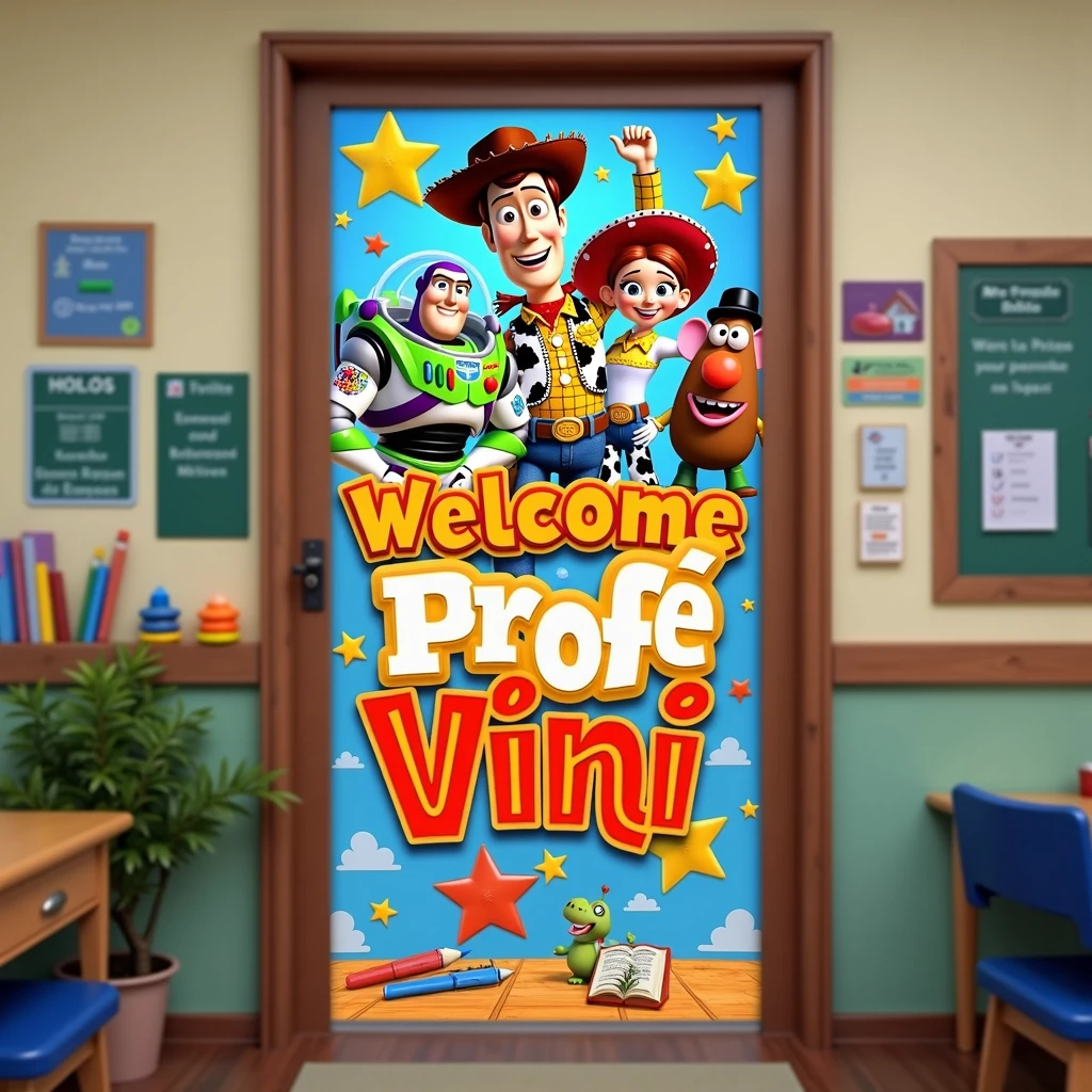 Generate an image of a door banner with a Toy Story theme. All the characters must be in a classroom., smiling at the top with the phrase welcome Profe Vini in Spanish.