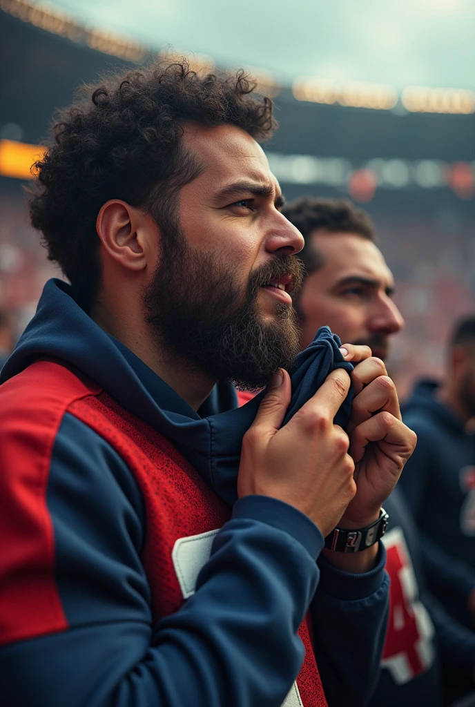 American football fan at the stadium, focused and kissing his team's shirt
