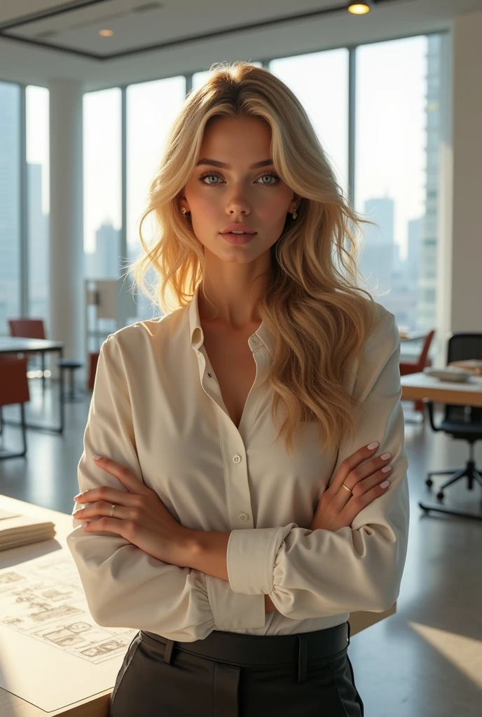 A beautiful architect with honey eyes and blonde hair