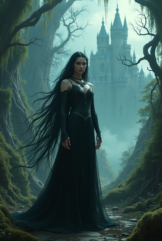 beautiful woman, standing in the garden of torment, named hela the goddess of death and lord of the helheim, great castle of the death on the background