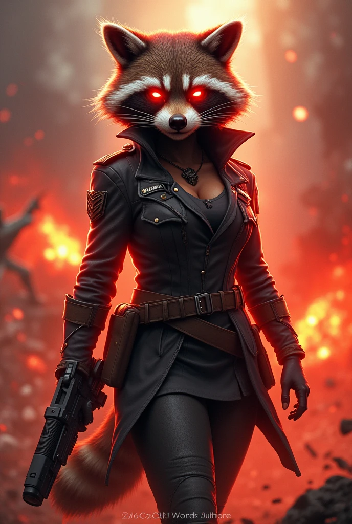 A female raccoon with fiery eyes dressed in a female military uniform in a war setting holding a powerful weapon while exuding a red-colored aura of power