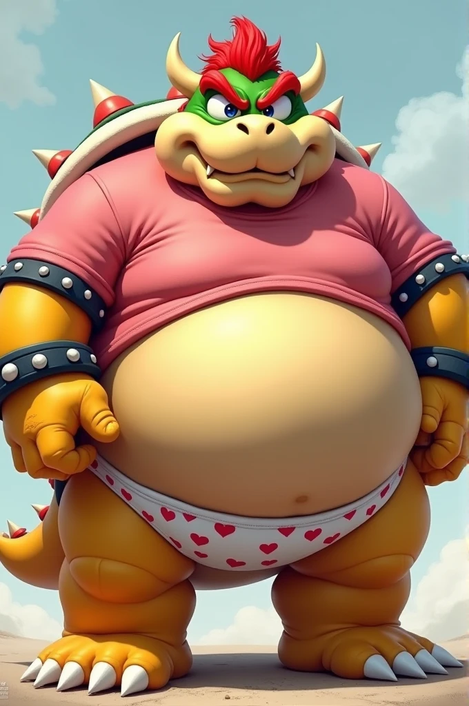Bowser from super Mario, super morbidly obese, extremely fat, huge cheeks, double chin, round and huge belly, huge moobs, pink short sleeves t-shirt, heart underpants, shy