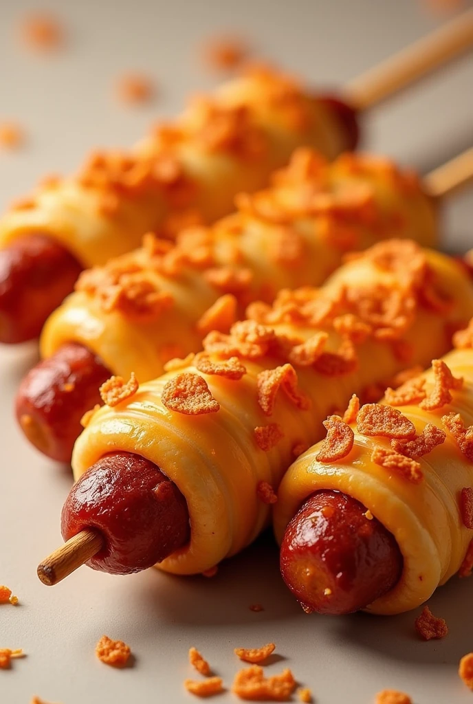 Skewers filled with sausage and cheese covered with dough and takis