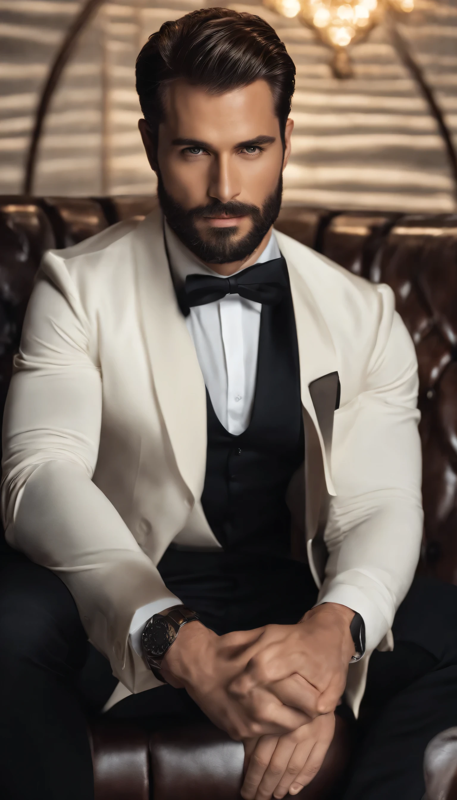 Make a handsome man in his 30s wearing a black suit and tie, CEO, brown hair and beard, (Man wearing black suit with tie), ), (wearing a beard,) Attractive and serious look, dark short hair, stylish and elegant, toned and strong body fitted into the suit, (high quality and realistic image), in the background of the image dark black and lights, Film style, ((best qualityer, 8k, Masterpiece artwork), hyperdetailed photograph, (detailed beautiful face, detail skin texture, ultra-detailed body:1.1)