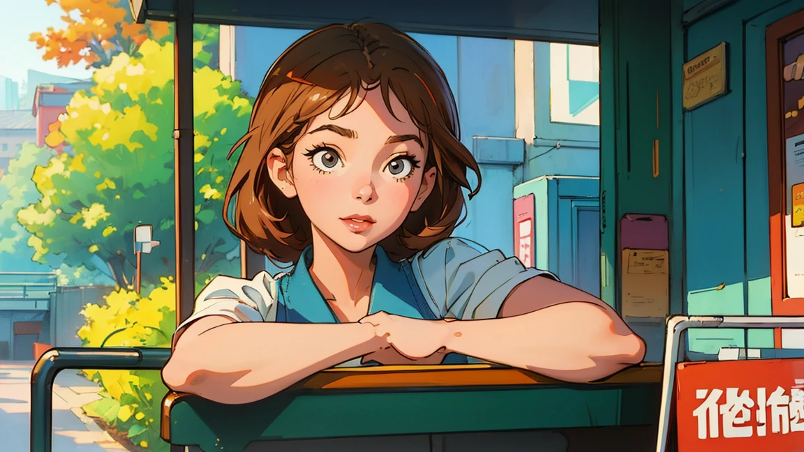 highest quality, masterpiece), 1 Girl, 1980s \(style\)Beautiful expression,Gentle smile,Gazing at the audience,\(style\)Upper Body,Horizontal position,pin up , \(style\)Brown Hair Color,\(style\), citypop, lofi,\(style\),1980s fashion,,casual,1980s fashion, citypop,retro,\(style\)autumn leaves,street tree,bus stop,