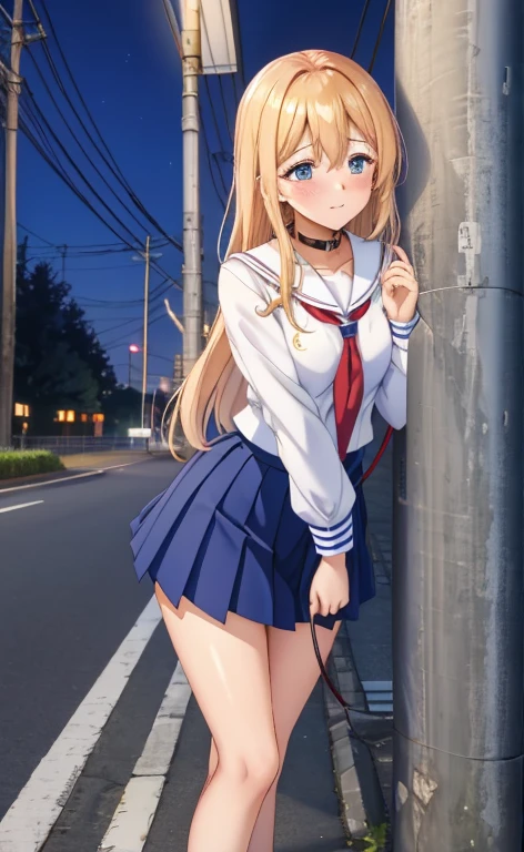 ((Perfect Anatomy:1.2,Realistic:1.3,RAW Photos:1.3,masterpiece、highest quality、Ultra - High resolution、High resolution、Highly detailed CG、8k)),Cowboy Shot. 1 female,alone,Young Woman,high school girl,beautiful girl,((Beautiful face and eyes:1.2,Big beautiful eyes:1.3,)),blonde,Long Hair,(Center parted hair:1.4,amount),Small Head:1.3,thin,(Provocative smile),((Brown Skin:1.4)),(Oily skin,Glowing Skin,Shiny skin),(school uniform、Dark blue blazer jacket、black pleated mini skirt),(Show viewers white panties),Beautiful ass,((Big Ass:1.3)),Exposed thighs,Beautiful thighs,75 degree angle from bottom. Dirty back alley、(dark),(At night)、Tokyo.