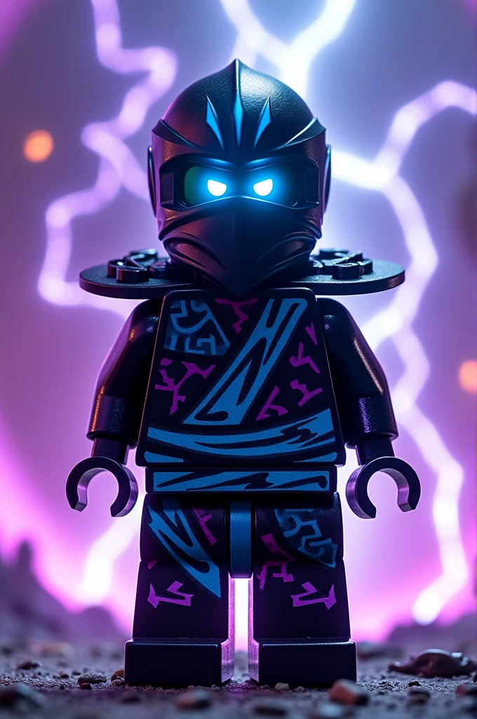 Créer moi un lego ninja go futuriste avec une posture bien droite avec un masque de couleur noir et bleu sur la tête avec une puissance incroyable avec comme puissance élémentaire la foudre l’énergie la terre le feu l’eau la glace et la lumière. Les habits du ninja doit être en noir, bleu et violet avec des reure en forme d’électricité et des écritures japonaise sacré avec une peau NOIR et un regard terrible sombre avec des yeux en bleu brillant. Un ninja imbattable monstrueux beaucoup trop puissant qui contrôle tout les pouvoirs élémentaire. Avec fume violet et bleu électrisant 