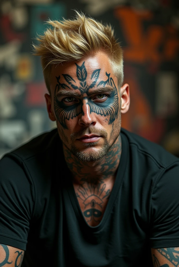 Blond man with mask tattooed in tattoo studio