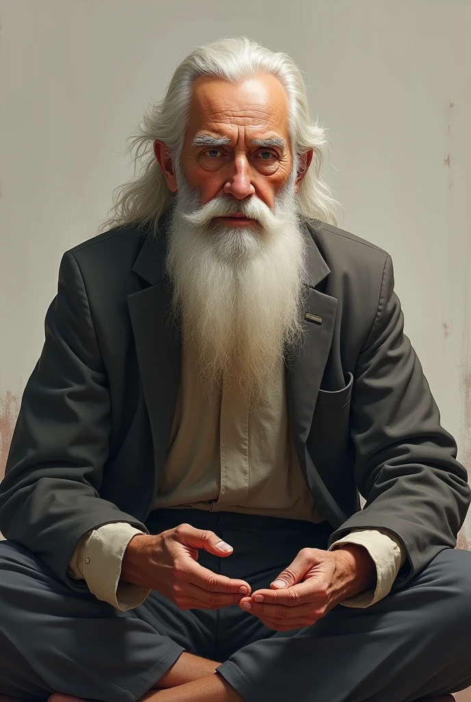 Un vieux sage assis de face qui ouvre la bouche